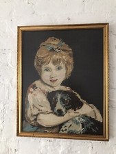 Gerahmter gro&szlig;er Wandteppich von M&auml;dchen und Hund