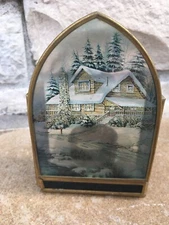 Vintage Enesco Winter House Glass & Brass Votive Tea Light Candle Luminary