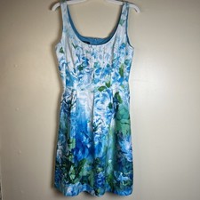 NINE WEST Blue Green and White Pleated Colorful Floral dress Woman’s size 10