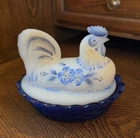 Fenton 'Bleu Chateau' Hand-painted Rooster/ Hen On Nest - Cobalt - See Notes
