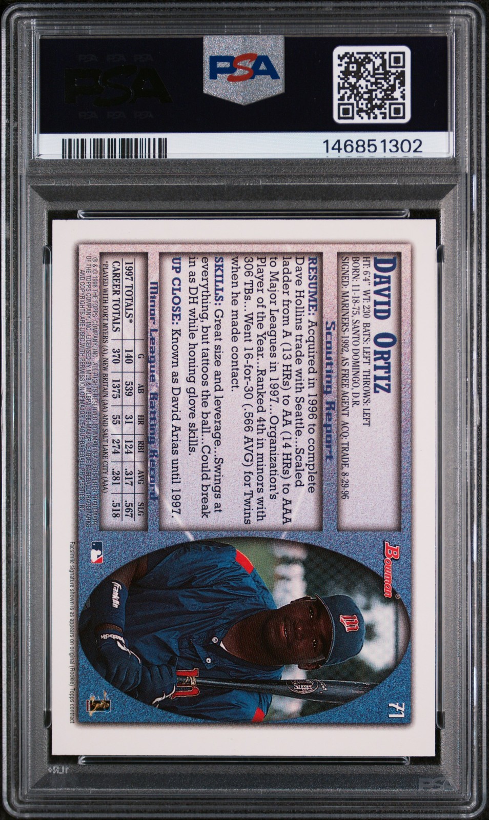 1998 BOWMAN #71 DAVID ORTIZ PSA AUTHENTIC AUTO AUTHENTIC view 2