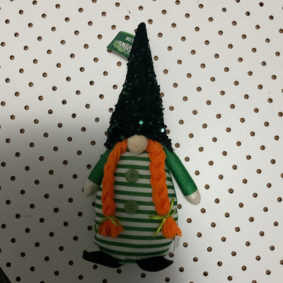 St. Patrick's Day Gnome Plush Doll Green/White Striped, Sequined Hat, Braids