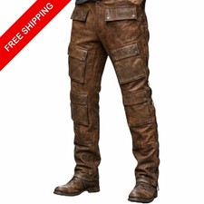 Cowhide Leather Biker Pants Brown- Side Laced 28-46in Men's Cargo Trouser