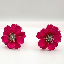 Vintage Y2K Pink Enamel Flower Stud Earrings Clear Rhinestone Statement Jewelry