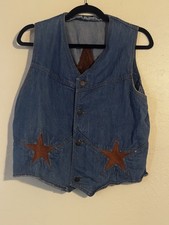 RARE VINTAGE Brittania Denim Vest Suede Leather Star Inlay Western Cowgirl L VTG