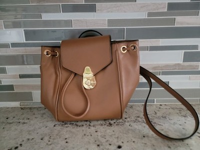 Calvin Klein Crossbody Bucket Bag Brown Leather Gold Logo Engraved Pushlock NWT