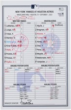 New York Yankees GU Lineup Card vs Astros 9/1/2023 - Jasson Dominguez MLB Debut