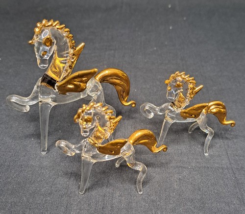 Hand Blown Glass Pegasus Horse Gold Accents Miniature Figurines Set of 3
