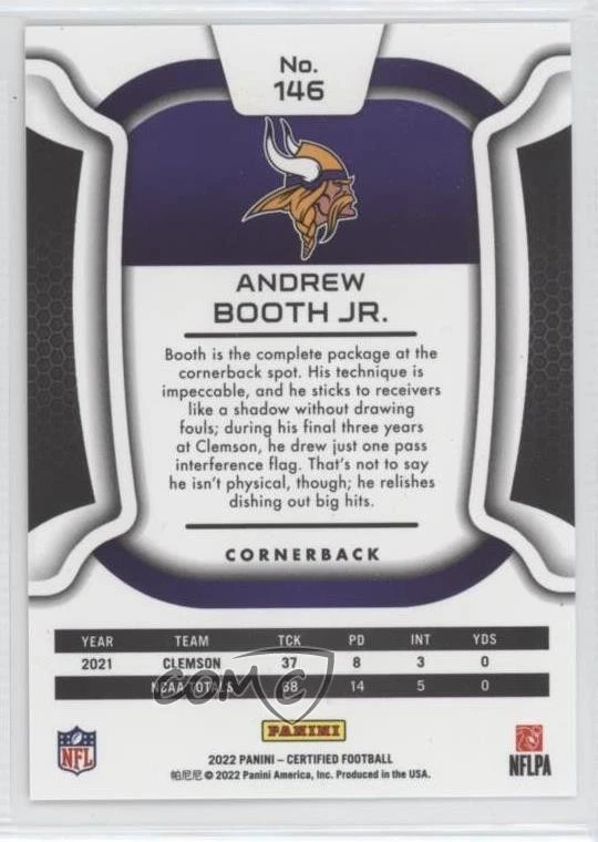 2022 Certified Rookies Mirror Orange /149 Andrew Booth Jr #146 Rookie RC - Image 2 of 2