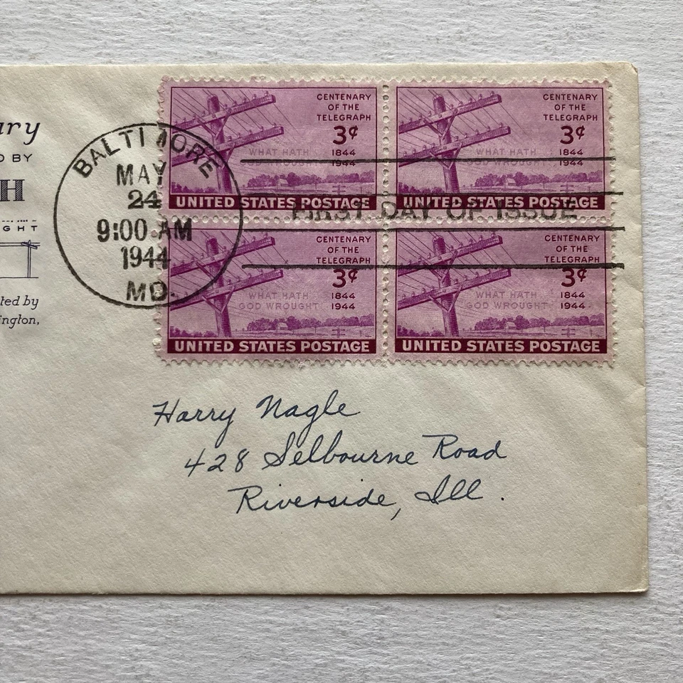 1944 US FDC Stamp 100th Anniversary of the 1st Telegraph Message 5-24-44 4 Block - Image 3 of 4