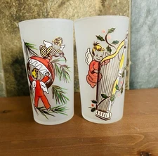 Pair of Vintage Gay Fad Studios Christmas Angels Highball Drinking Glasses 1950s