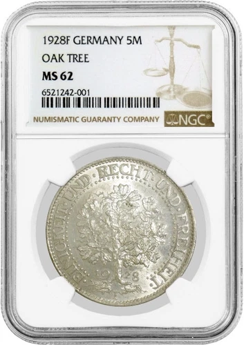 1928 F 5 Mark Silver Germany Weimar Republic Oak Tree NGC MS62 Uncirculated