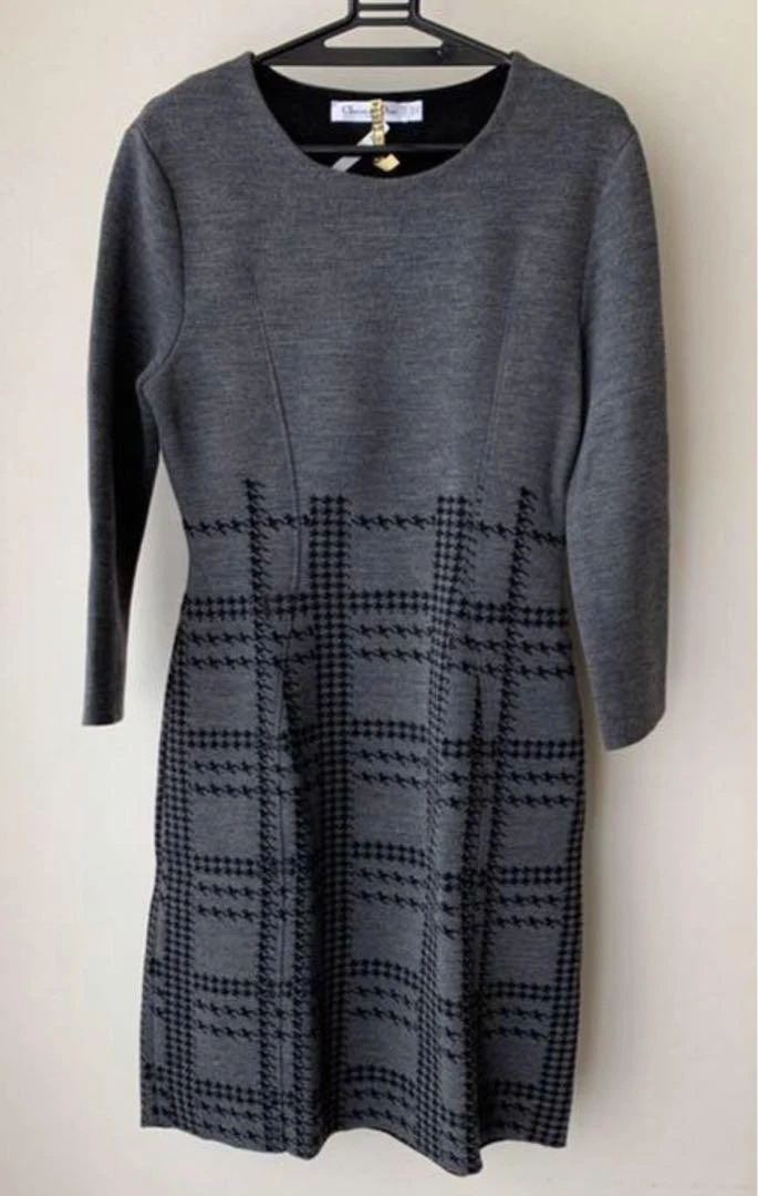 Autentico abito Christian Dior grigio taglia 42 fantasia quadri lana nylon donna