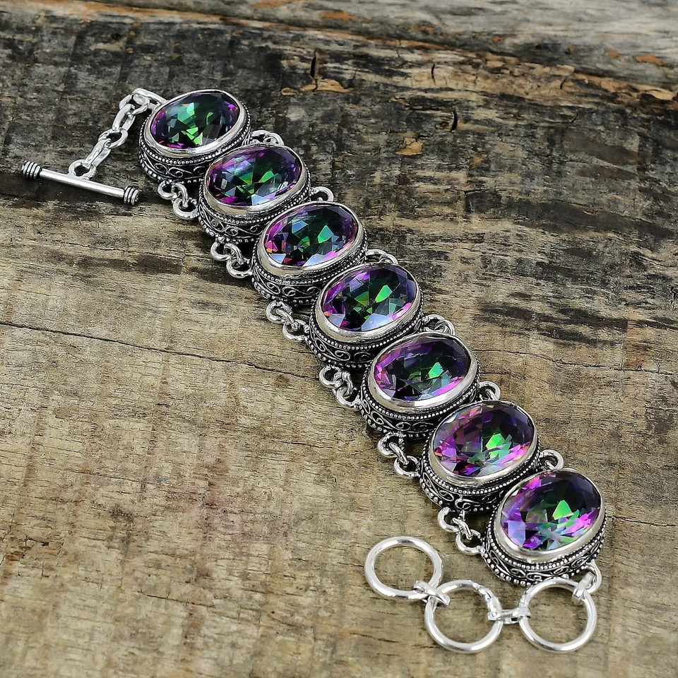 Topazio Mistico Gemma 925 Argento Sterling Mano Gioielli Collana Bracciale Set - Immagine 2 di 4