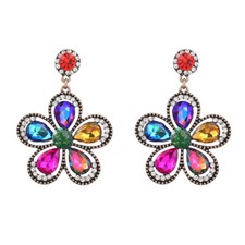 Multi-Color Glass Rhinestone Flower Dangle Stud Earrings