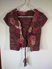 Nina Knitted Vest, Size Small, Tie Front W/tassels, Floral Trim, #5813