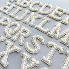 1 Pcs A-Z Letter Pearl Patches Rhinestone Sew Iron on Applique Alphabet Badge