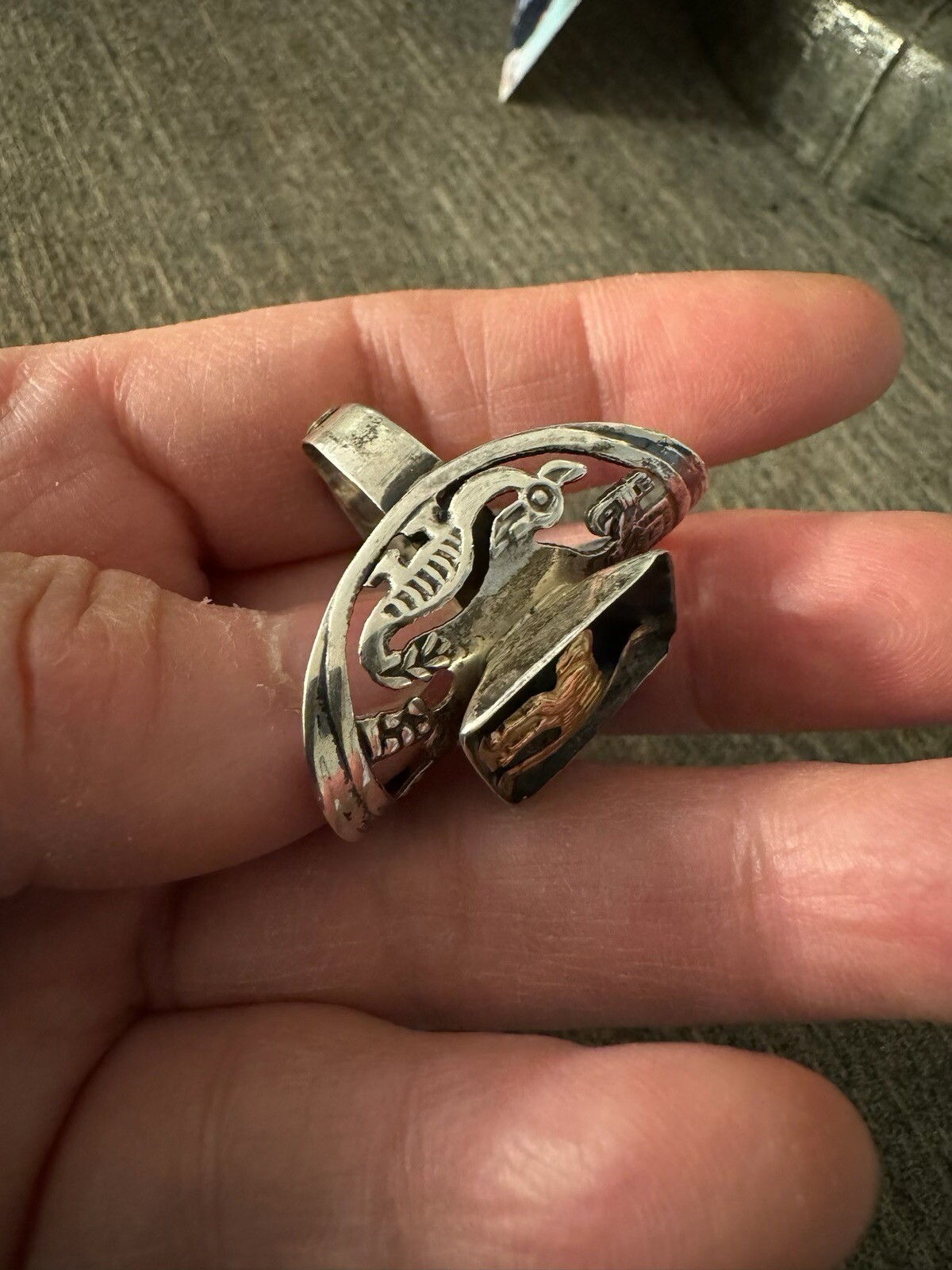 Adjustable 18k Yellow Gold Lama Llama Sterling Silver Ring Bird Lion Head Carve