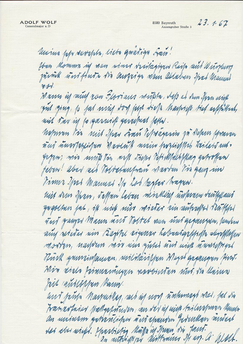 125852, ADOLF WOLF, Beileidsschreiben 1967 persönliches Briefpapier, Gen. Jakoby