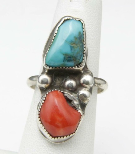 Anillo artesanal navajo de plata esterlina de coral turquesa de colección talla 7,25 llamativo - Imagen 3 de 6