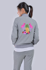 Embroidered Gray Zip Front Sweater Sweatpants Soft Fleece Top And Jogger Set