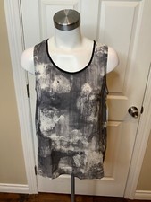 Eileen Fisher 100 Silk Gray Patterned Tank Top W/ Black Rear Panel, Size S