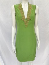 Zaeem Jamal Green Silk Cocktail Evening Dress Gold Embroidery Sz XS Sexy V Neck
