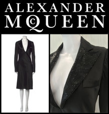 Alexander McQueen Vintage Silk Satin Tuxedo Dress with Beaded Collar, US6 IT42