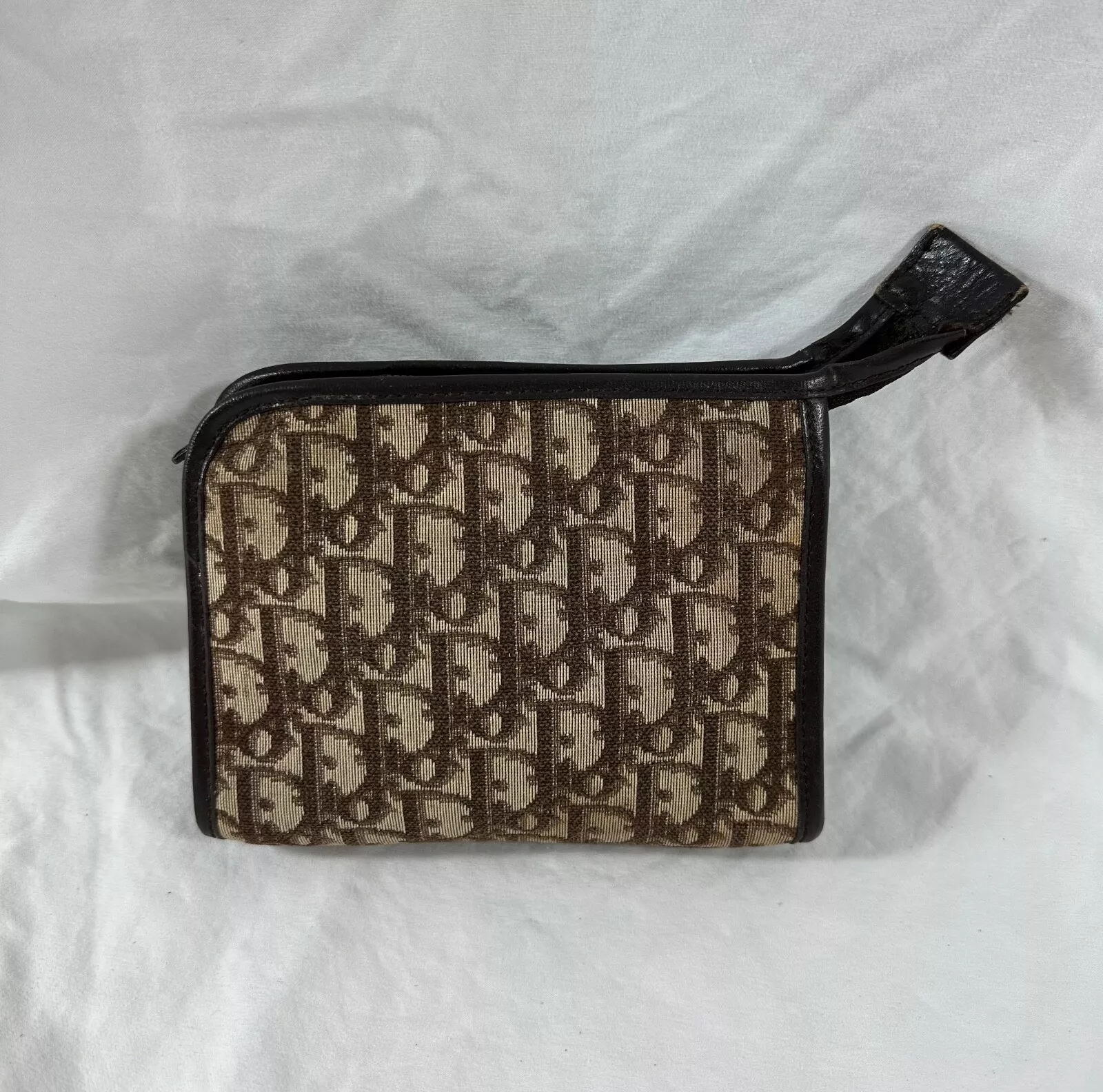 Véritable sac cosmétique vintage CHRISTIAN DIOR toile marron pochette