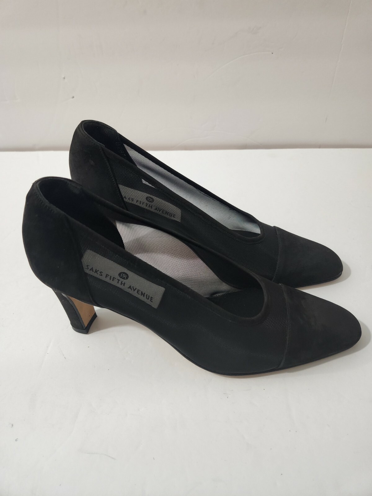 Saks Fifth Avenue Black Pumps Shoes Heels Suede Tip Mesh Slip On | eBay