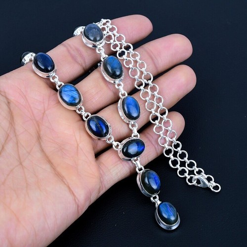 925 Sterling Silver Fire Labradorite Gemstone Chain Handmade Necklace Jewelry - Picture 9 of 10
