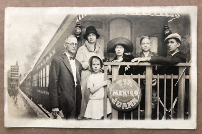 Vintage RPPCcFamily Posing Studio Fair PULLMAN TRAIN Tia Juana Mexico Sign