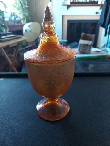 Vintage Jeanette Carnival Crackle Glass Marigold Footed Candy Trinket Dish
