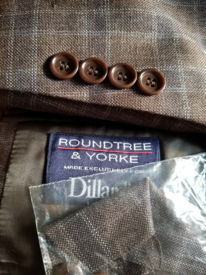 42L blue & brown Check Plaid SILK WOOL textured Sport Coat Blazer Jacket - Image 2 of 4