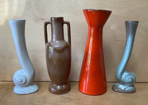 Vintage FRANKOMA Pottery VASE Flame Red Orange, Brown, White, Blue Brown 4 Vases
