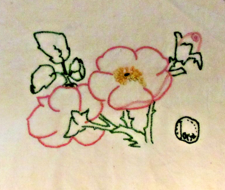 VTG. 60's IOWA STATE QUILT/DIY BLOCK (8.5"X7") w. FLOWER/Rose~Hand Emb.-C&CLEAN