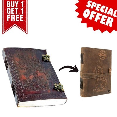 Handmade Brown Leather Journal   Large 8''x6'', 200 Pages | Buy 1 Get 1 Free