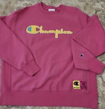 Champion Reverse Weave Vintage Embroidered Spellout Pink Sweatshirt Large