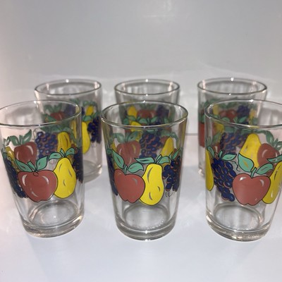 Vintage Retro KIG Indonesia Fruit Juice Drinking Glasses Set 4 Pear Grape Apple