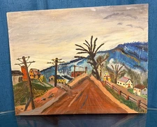 Antique Folk Art Mountain Road With Houses. Oil On Board Painting
