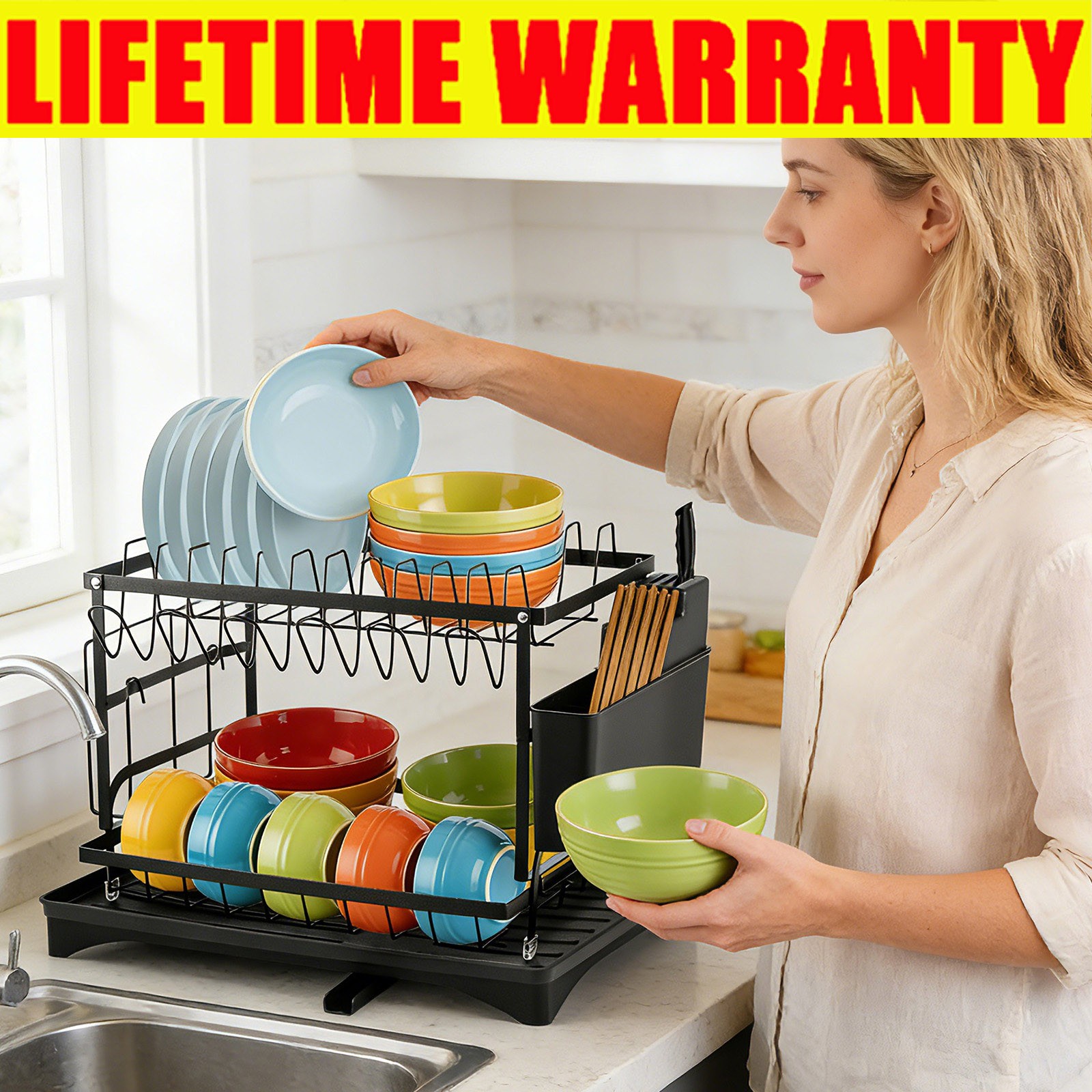 2Tier Kitchen Sink Dish Drainer Rack With Drip Tray Cutlery Holder Plate Rack UK