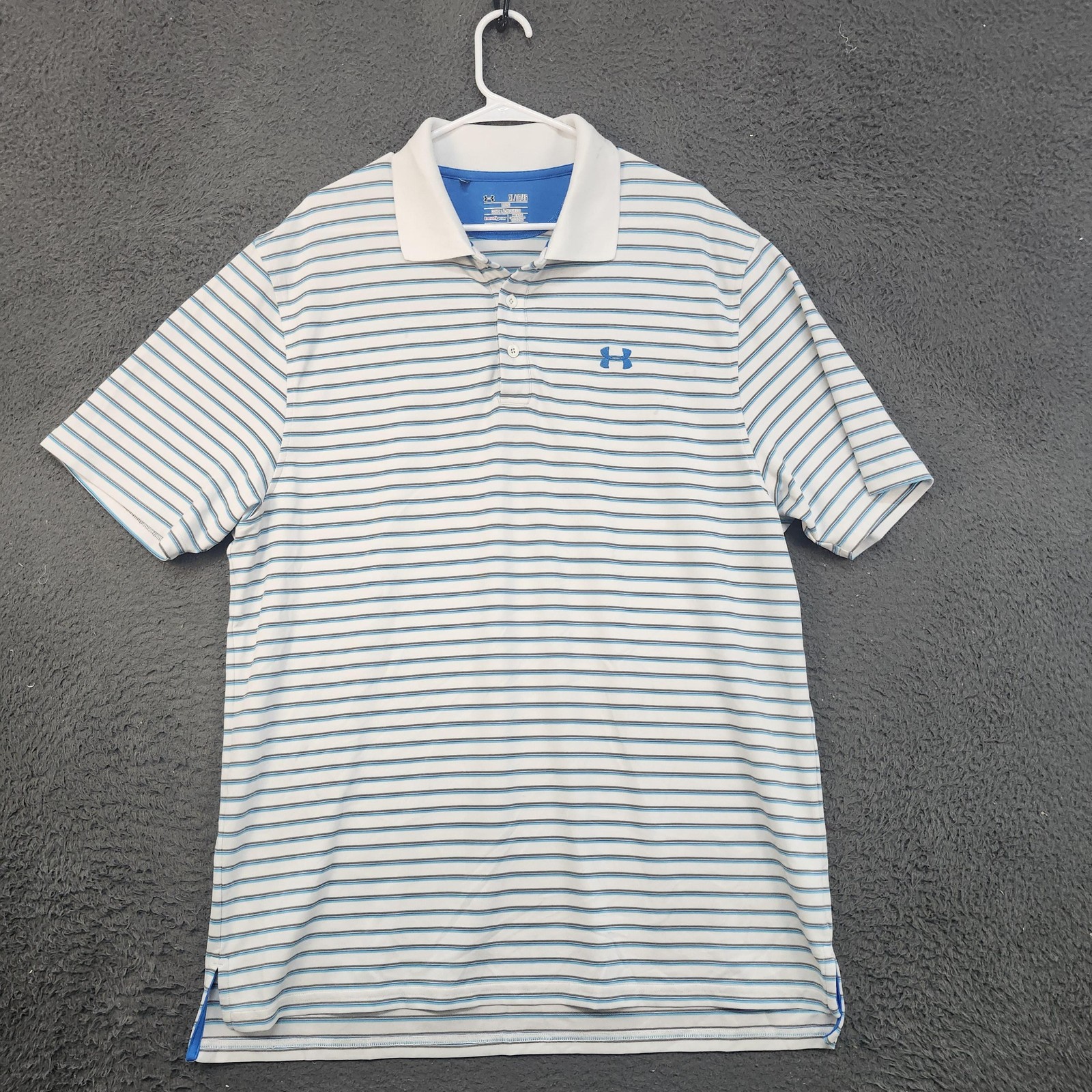 Under Armour Polo Shirt Mens XL White Blue Stripe HeatGear Golf Loose