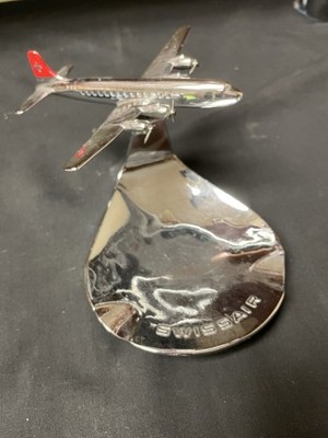 VINTAGE CHROME DC6 AIRPLANE ASHTRAY SWISSAIR ON MOVEABLE BASE