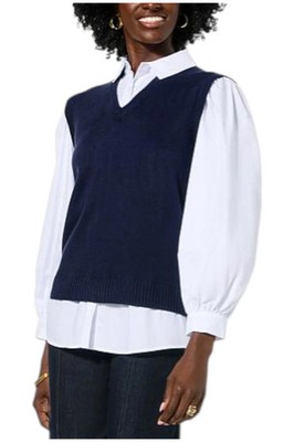 Curations x Sarah Anderson Women's Twofer Sweater Vest Top Navy
