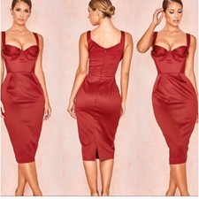Stunning House of CB Anja Red Satin Corset Midi Dress