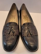 Ferragamo Diplomata Kiltie Tassel Black & Dark Brown Croc Embossed Size 7.5 AAA