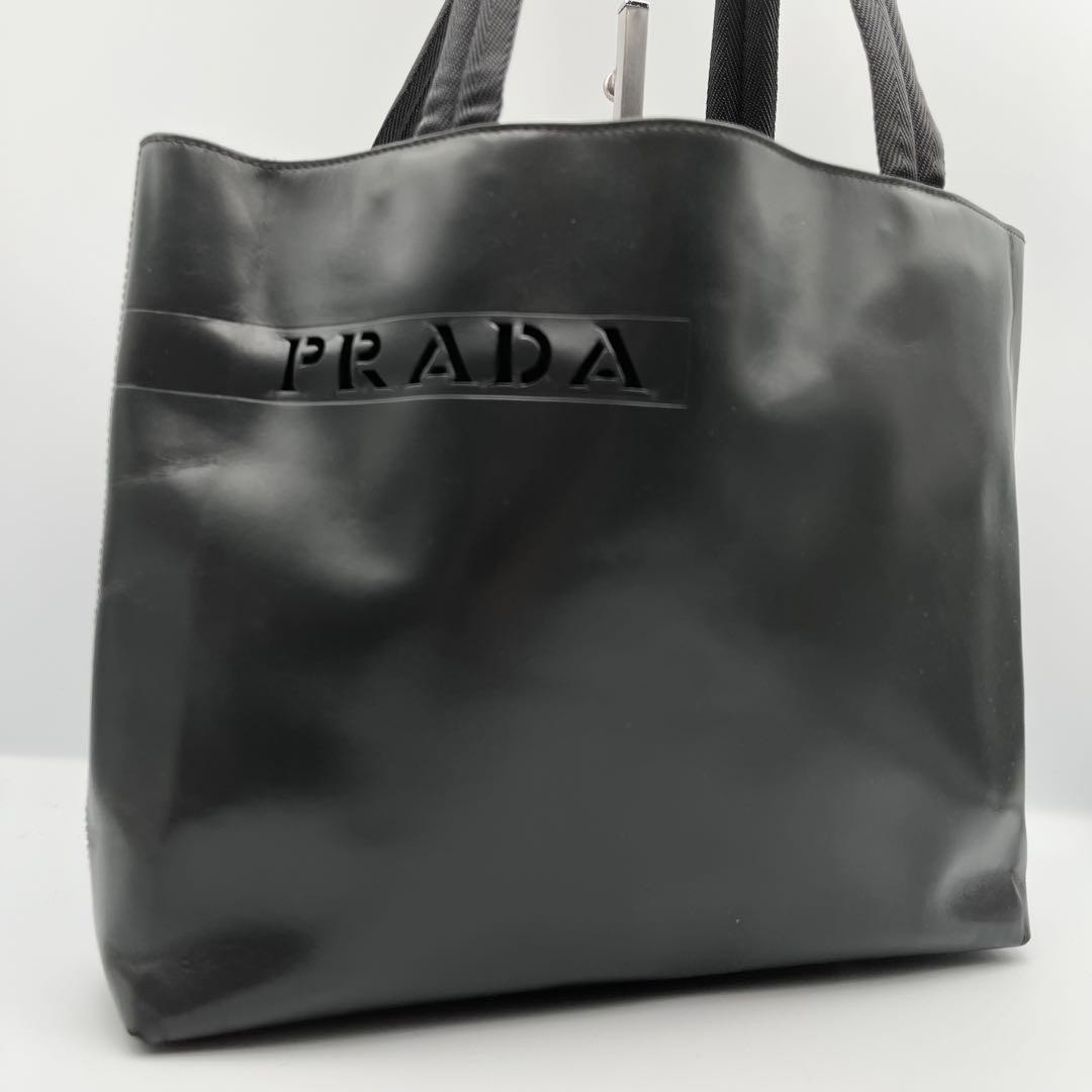Prada Dark Gray Leather Tote Bag with Cutout Logo A4 Size Rare