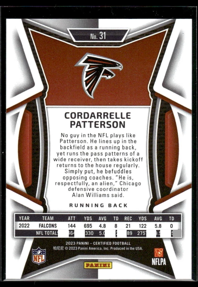 Panini 2023 Panini Certified Cordarrelle Patterson Atlanta Falcons - Image 2 of 2