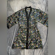 Victoria's Secret Robe Large Gold Label Black Floral Satin Short Kimono Vintage