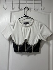 AKIRA Danni Embellished Corset Crop Top White Black Rhinestone Faux Leather S